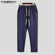 Load image into Gallery viewer, INCERUN Summer Casual Men Pure Color Elastic Waist Drawstring Straight Pants Comfort Cotton Mens Fashion Pencil Trousers Joggers