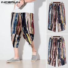 Load image into Gallery viewer, INCERUN Men Color Striped Print Cropped Pants Men's Wide Crotch Harem Trousers Colorful Loose Baggy Wide-legged Bloomers S-5XL