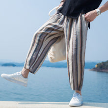 Load image into Gallery viewer, Summer Retro Men Baggy Pants Loose Wide Legs Stripe Print Calf Length Button Decor Harem HipHop Joggers Big Size S-5XL Casual
